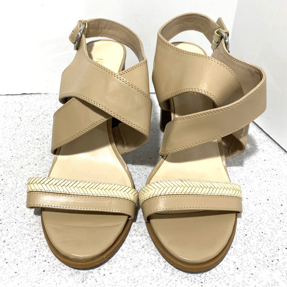 Nine West Pickett strappy high heel sandals nude tan woven faux leather US 8M - Picture 2 of 9